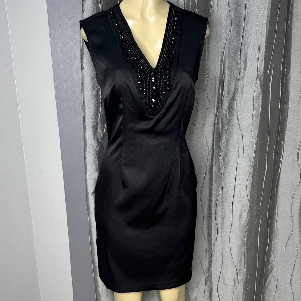 Connected ApparelBody Con Deep V Neck Black Satin Beaded Women’s Mini Dress Sz 6